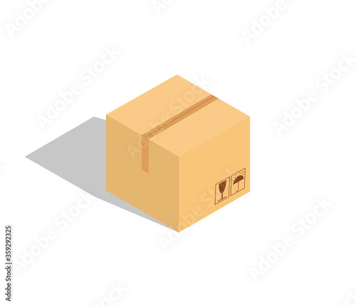 Carton delivery packaging closed box with fragile signs. Cardboard box. Isometry. Transportation, shipping. Vector illustration.