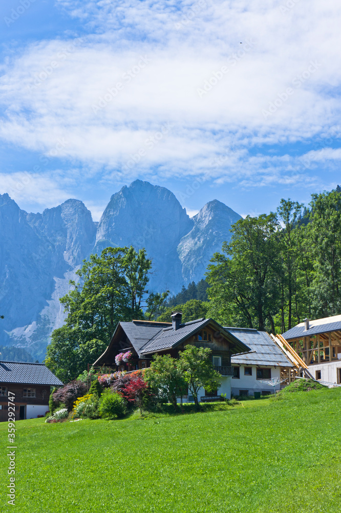 Small houses surrounded by forest and mountains in Alps, Austria, Gosau