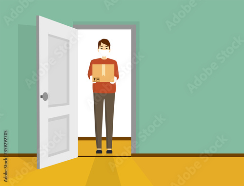 Delivery to home courier with boxes. Express delivery of packages, goods to the home. Cartoon vector illustration. Delivery order. Open door. Inside of home.