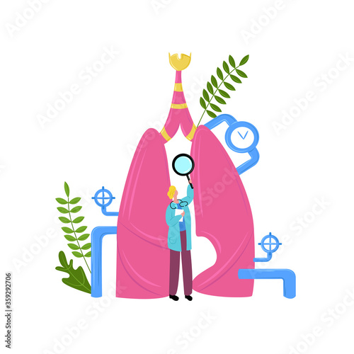 Vector flat enlarged abstract lungs with doctor examining them with magnifying glass. Concept pulmonology, therapy, diagnostics of diseases, pulmonary system, pneumonia, bronchitis, tracheitis.