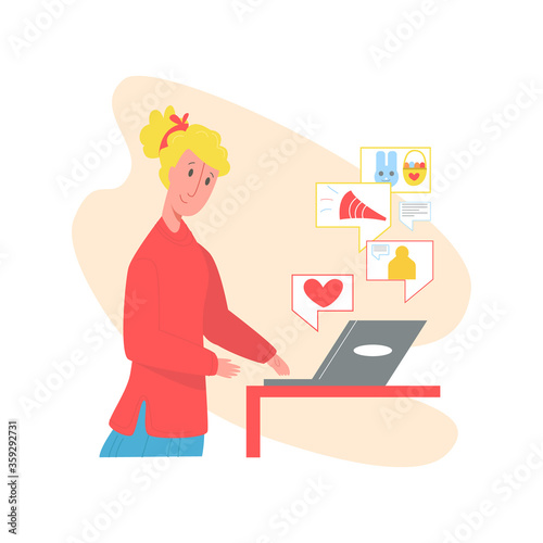 Vector flat young woman who communicates via social networks, congratulates, likes. Concept interaction with world online shopping, remote work. It can be used in web design, landing pages, etc.