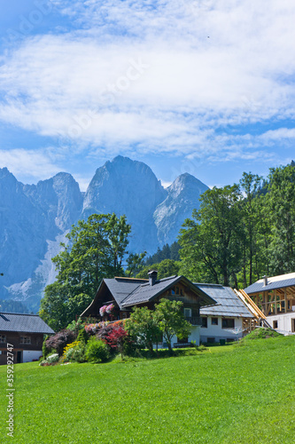 Small houses surrounded by forest and mountains in Alps  Austria  Gosau