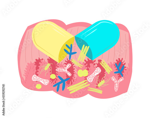 Vector flat illustration of open probiotic capsule, from which microorganisms emerge to form normal microflora, intestinal microbiota.