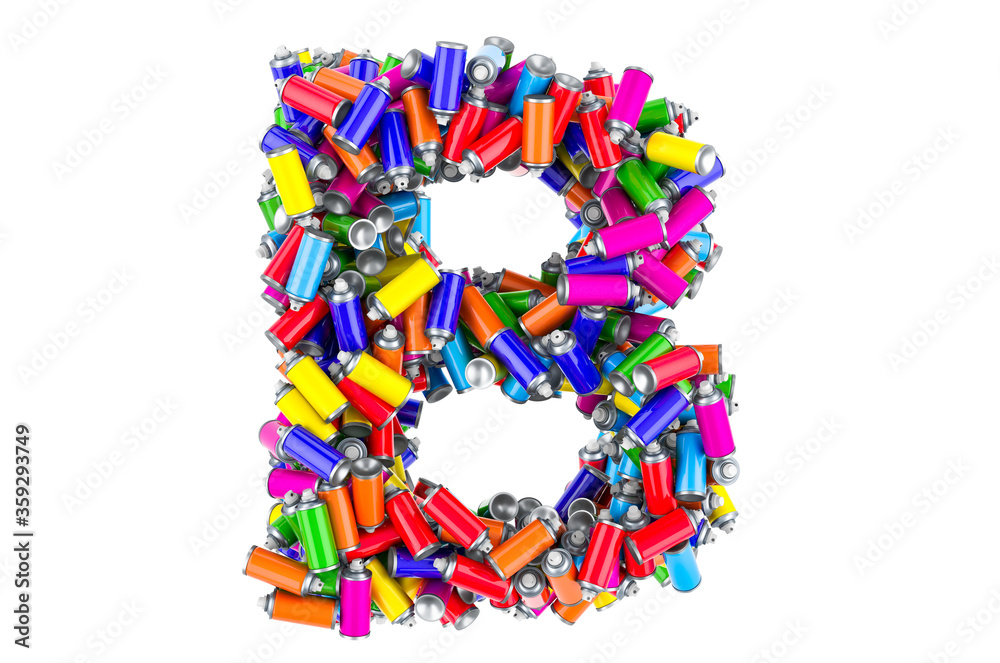 Letter B from colored spray paint cans, 3D rendering