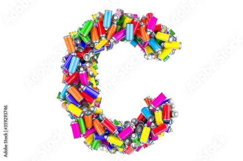 Letter C from colored spray paint cans, 3D rendering