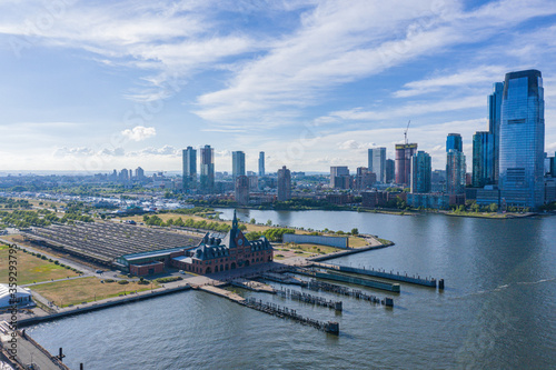 Aerial view of Jersey City Skyline and Morris Canal Park. 