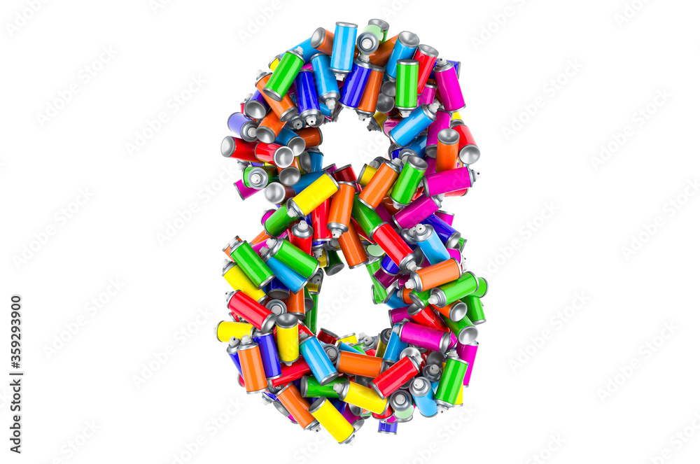 Number 8 from colored spray paint cans, 3D rendering Number 8 from colored spray paint cans, 3D rendering