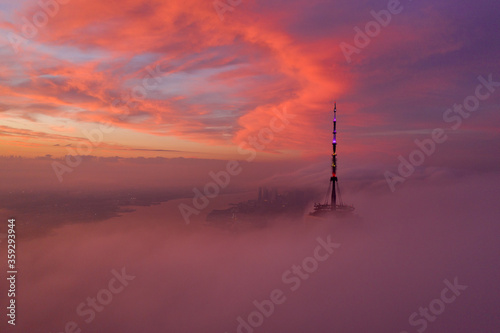 Aerial view of lower Manhattan new york with beautiful cloud at sunset. 