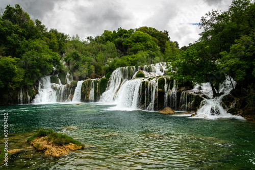 Beautiful Krka waterfalls with a lush green trees and turquoise water. Croatia  28th April 2015.