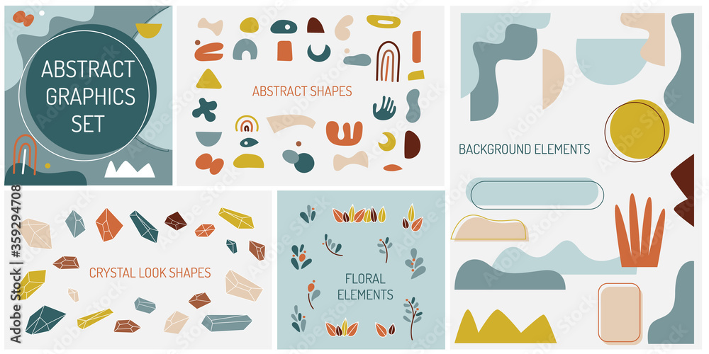 Abstract Graphics set. Contains crystal and floral shapes. Design elements for Magazine, leaflet, billboard, sale.