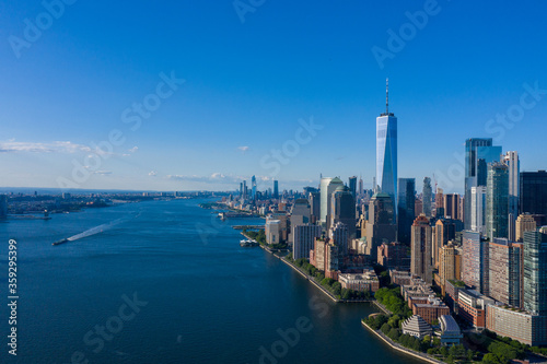 Aerial view of New York Manhattan with skyline and lower downtown. 