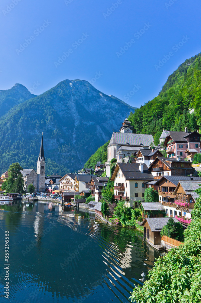 Hallstatt lake in Alps, German style houses, lake view,Alps, Austria Hallstatt lake in Alps, German style houses, lake view,Alps, Austria