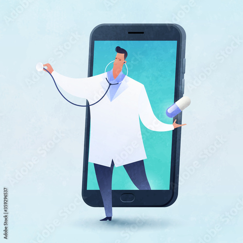 Telemedicine and Telehealth concept vector illustration. Medical consultation and Medicine practice via online technology. A cartoon character of doctor carries a pill walking out from a smartphone.