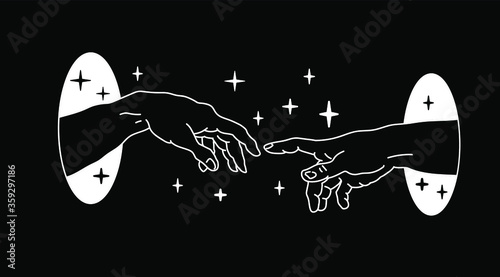 The Creation of Adam in Old school (tattoo) style. Hand drawn illustration.