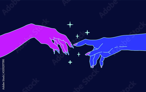 Two hands with manicure is going to touch together. The Creation of Adam with Woman's hands in Old school (tattoo) style.