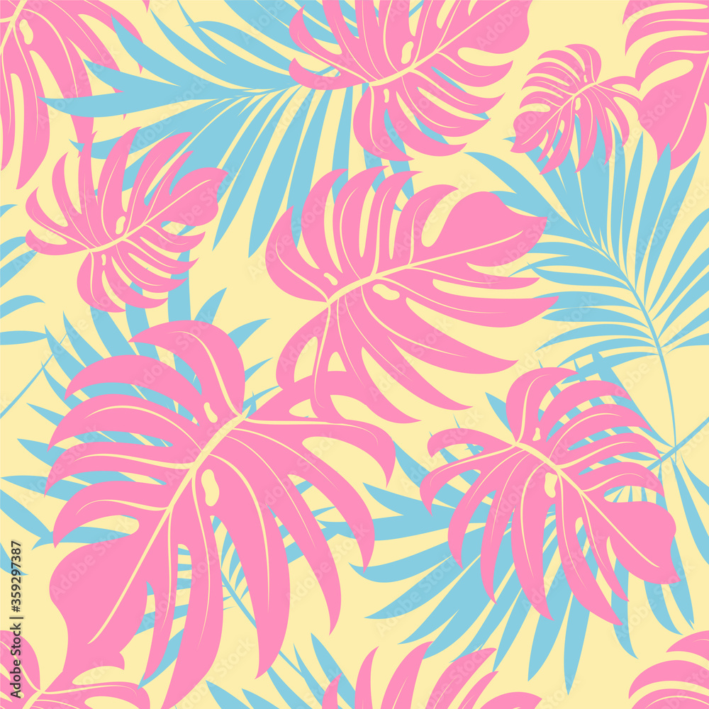 Palm leaves. Tropical seamless background pattern. Graphic design with amazing palm trees suitable for fabrics, packaging, covers Palm leaves. Tropical seamless background pattern. Graphic design with amazing palm trees suitable for fabrics, packaging, covers