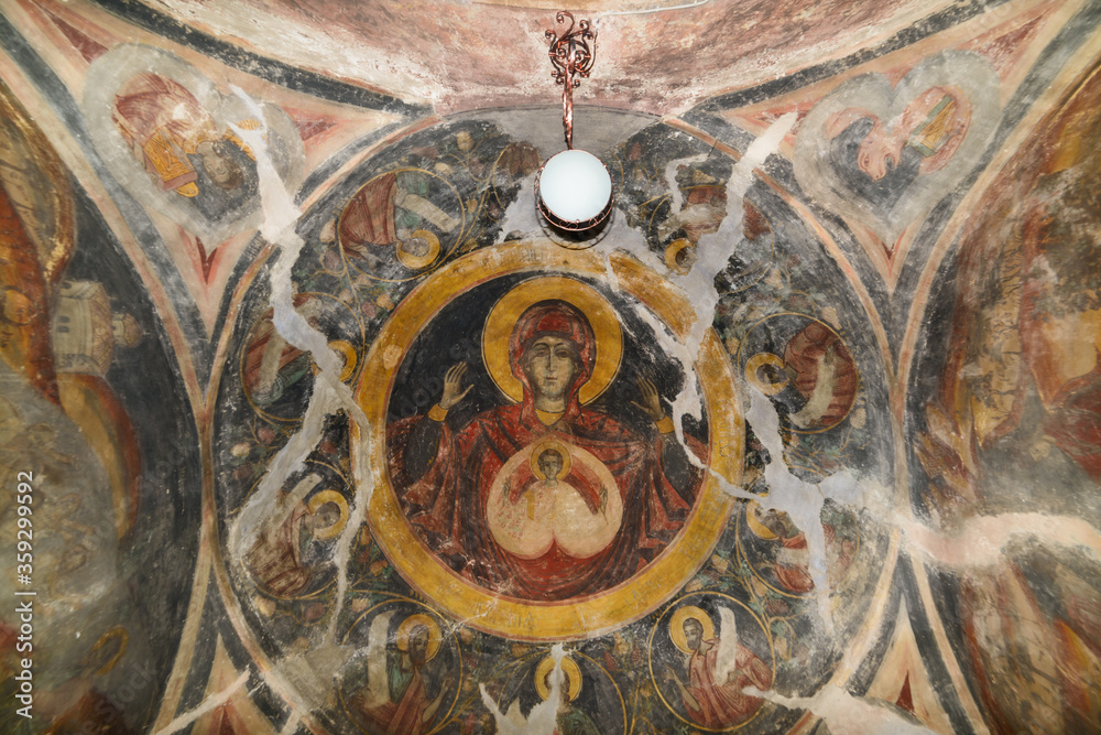 Vrsac, Serbia - June 08, 2020: The Mesic Monastery is a Serb Orthodox monastery situated in the Banat region, in the province of Vojvodina, Serbia. The interior of the monastery.