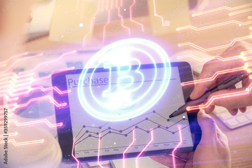 Double exposure of man's hands holding and using a phone and crypto currency blockchain theme drawing. Double exposure of man's hands holding and using a phone and crypto currency blockchain theme drawing.