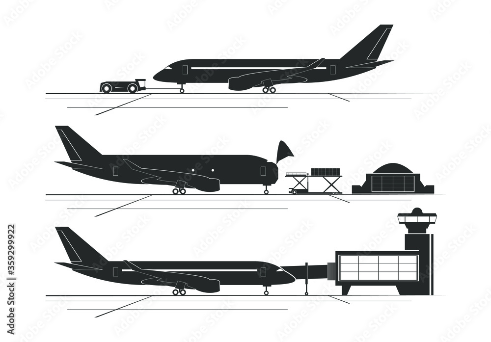 Silhouettes of aircraft at the airport. Vector illustration
