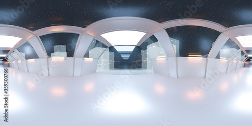 Fototapeta Naklejka Na Ścianę i Meble -  full 360 panorama space ship corridor with white futuristic design and reflections 3d rendering illustration