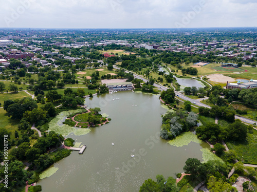 4k aerial drone view of Chicago park district Humboldt Park neighborhood. the beautiful healthy lush green nature landscape is ideal for tourist and travel. 