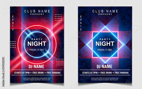 Night dance party music poster flyer layout design template background with neon light and dynamic style. Colorful electro style vector for concert disco, club party, event invitation, cover festival