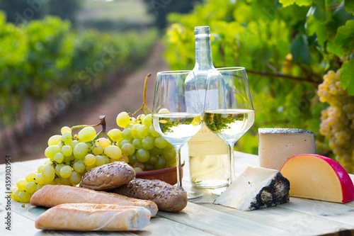 Wine, baguette, cheese against vineyard landscape