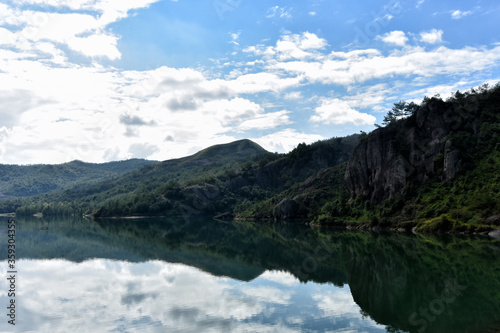 Beautiful mountain views with reflection in the water in the vicinity of the Ningzhengong Taoist Monastery in Zhejiang Province, China