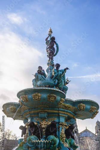 Famous Ross Fountain in Princes Street Gardens in Edinburgh city, UK