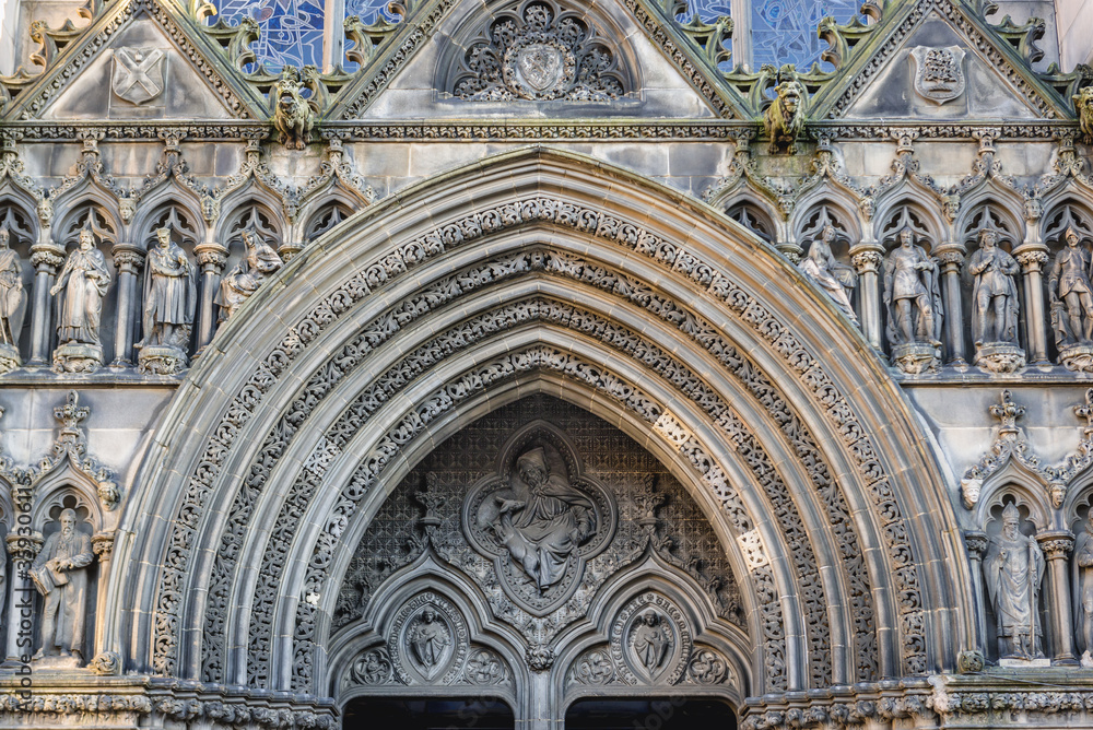 Close up on a portal of Cathedral of Saint Giles in Edinburgh city, UK
