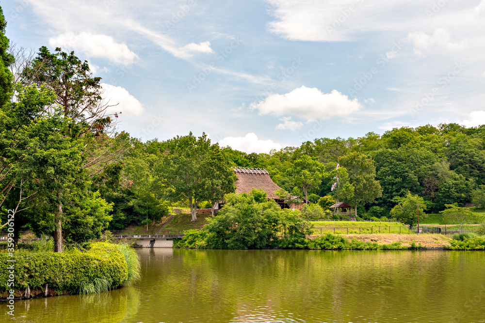 A traditional thatched roof Japanese house preserved at a public park in Sanda, Hyogo, Japan. A traditional thatched roof Japanese house preserved at a public park in Sanda, Hyogo, Japan.