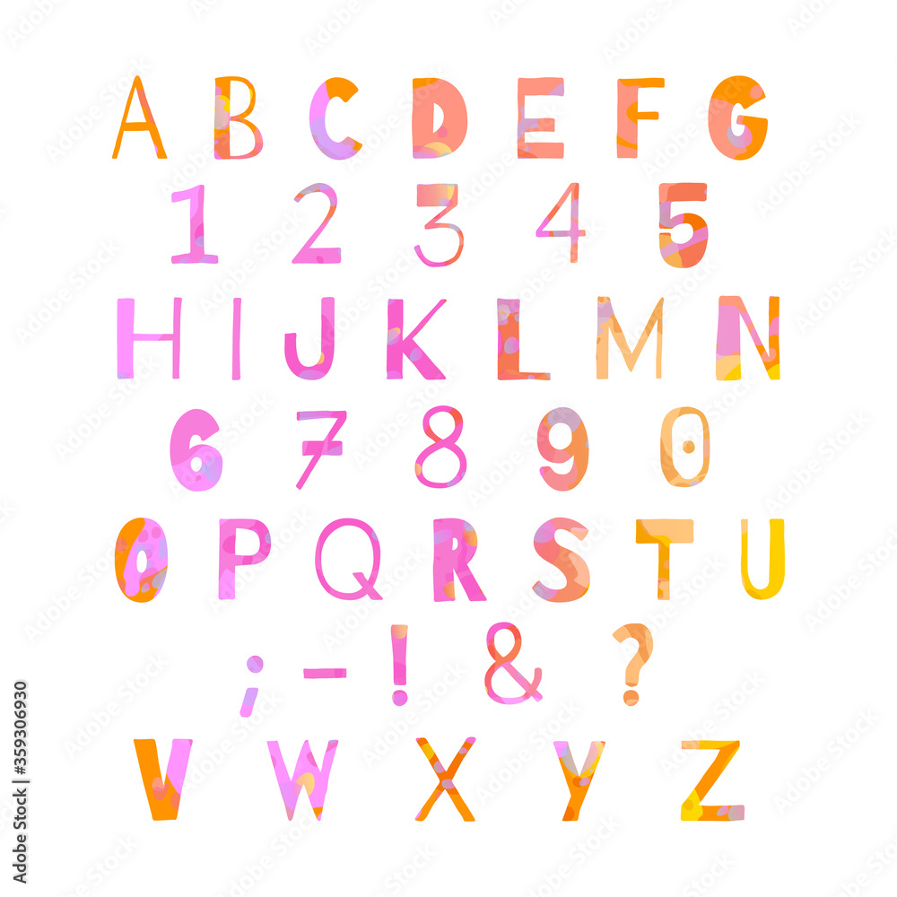 Alphabet in violet, orange, yellow, pink colors. Collage of abc elements isolated on white. Uppercase letters, numbers, punctuation marks. Lettering set perfect for print, poster. Vector EPS 10.
