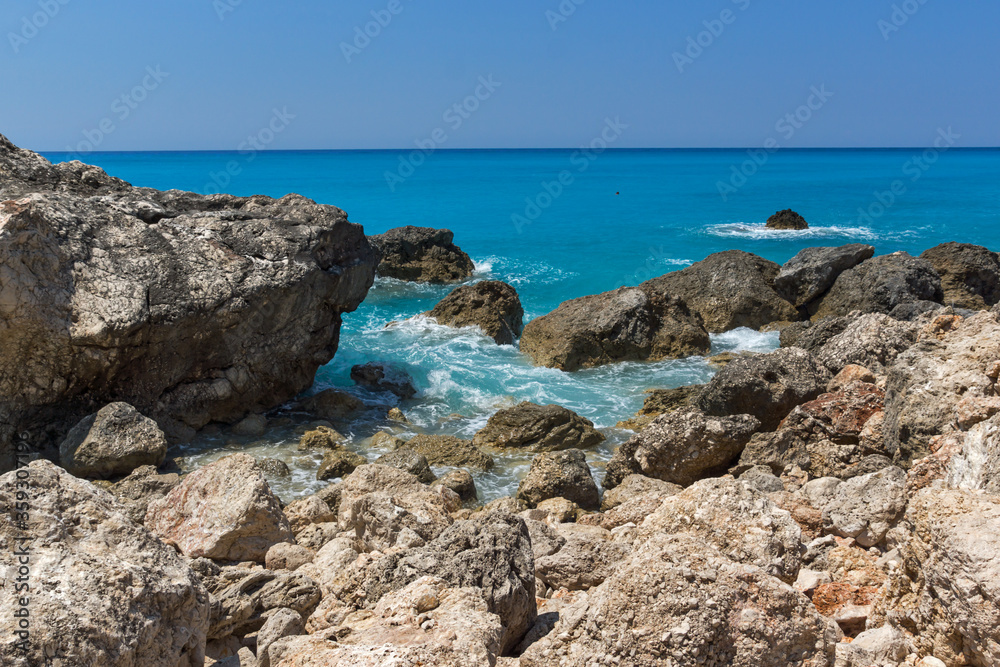 Fototapeta blue waters and rocks of Megali Petra Beach, Lefkada, Greece