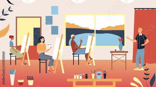Art School Concept, Human Creativity And Talents. Talented Characters Studying To Paint Pictures At Art School. Teacher Teaches Artists To Paint On Easels. Cartoon Flat Style. Vector Illustration