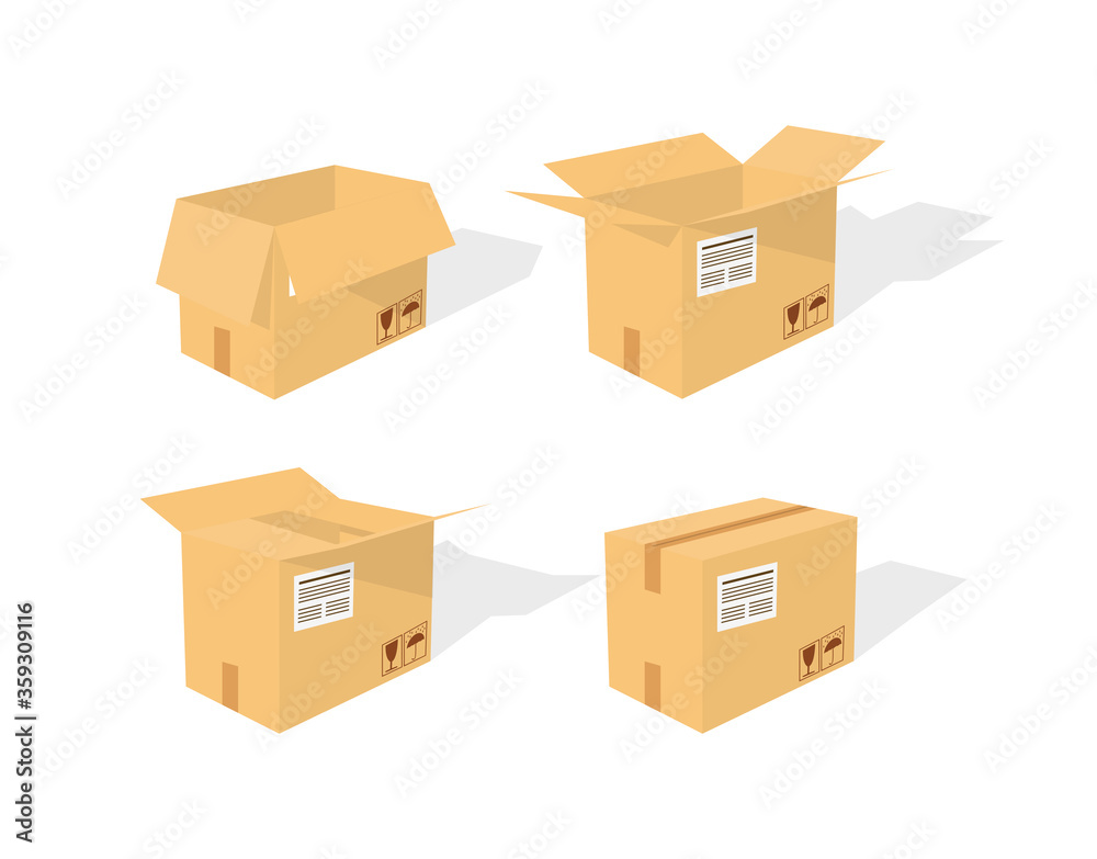 Fototapeta premium Set of closed and open cardboard boxes on white background with fragile signs. Transportation, shipping. Cardboard box mockup. Vector illustration.