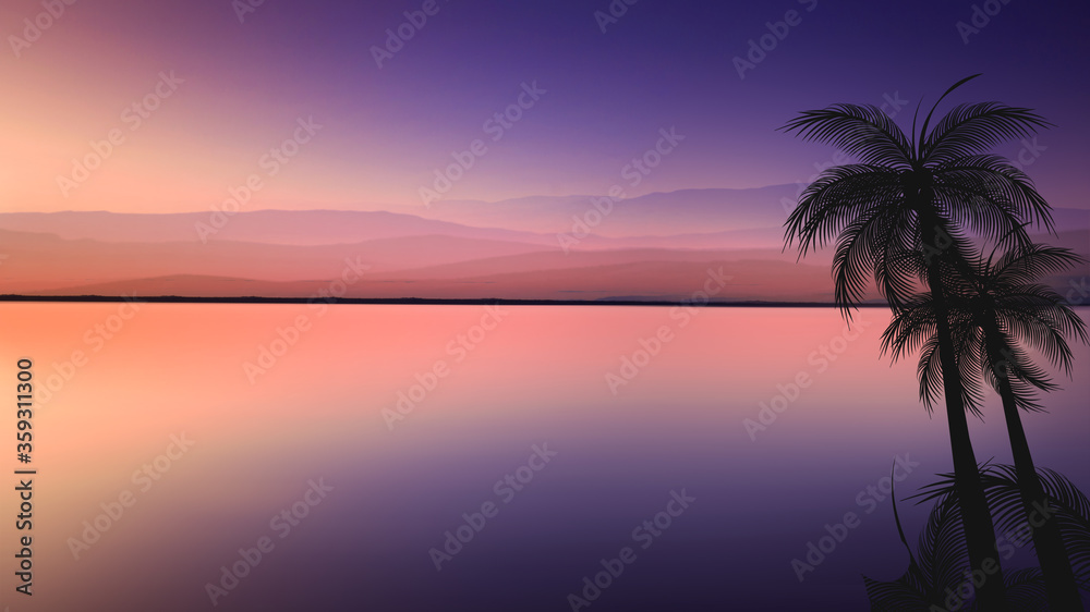 itle: palm trees at sunrise with orange sea and clouds
