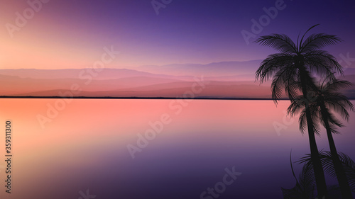 itle  palm trees at sunrise with orange sea and clouds