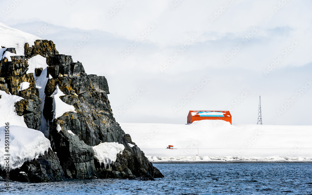 Fototapeta premium Rocks of the Half Moon Island, an Antarctic island, the South Shetland Islands of the Antarctic Peninsula region.