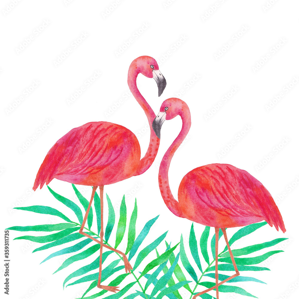Watercolor illustration of pink flamingo and tropical leaves white background