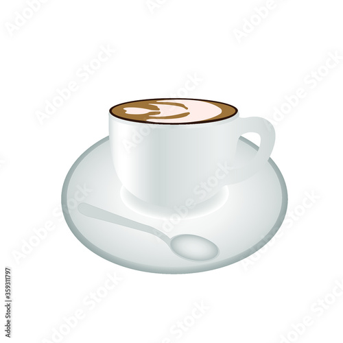 Hot Coffee with Latte Art Made from frosty milk in a white Cup and white saucer on white background