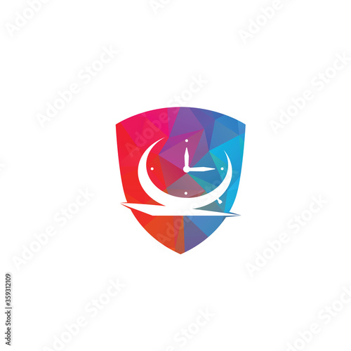 Time clock in shield shape logo design template. Table alarm clock vector design.