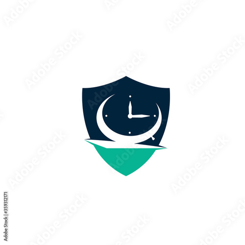 Time clock in shield shape logo design template. Table alarm clock vector design.