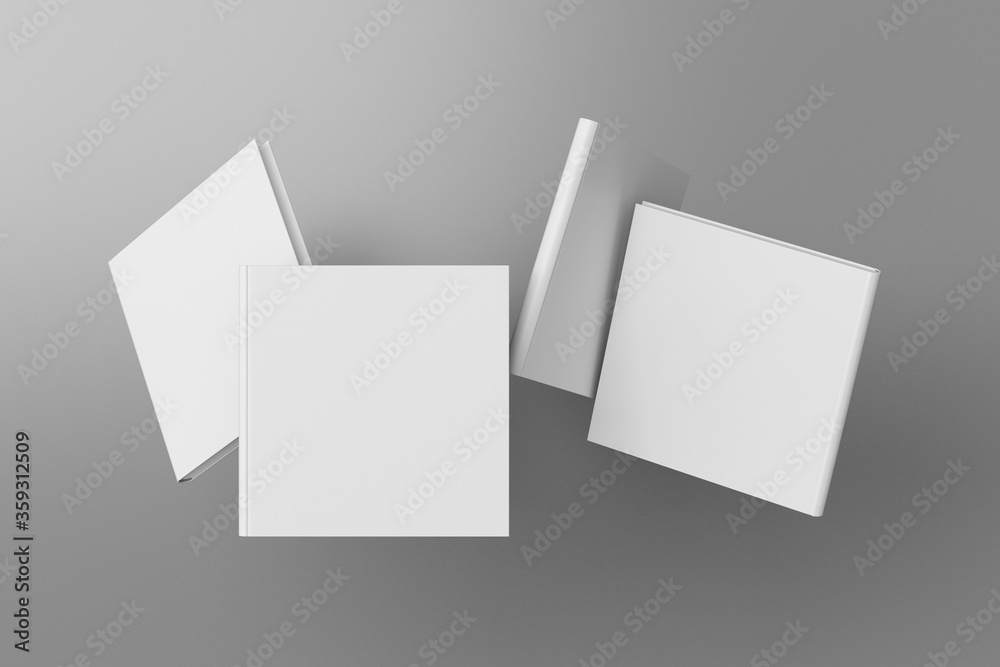 Square blank book cover mock up flying over gray. Front, spine and back cover views. 3d illustration Square blank book cover mock up flying over gray. Front, spine and back cover views. 3d illustration