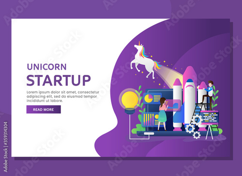 Unicorn start up business with man and woman configure rocket