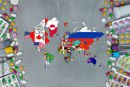 Extraordinary measures under the world coronavirus quarantine. World countries flag and map on background with serum, mask, gloves, syringe, medicine and coronavirus blood samples.