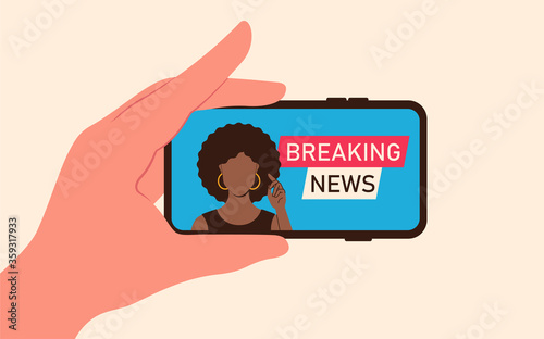 Broadcast video online breaking news on screen smartphone with broadcaster african american girl in flat style