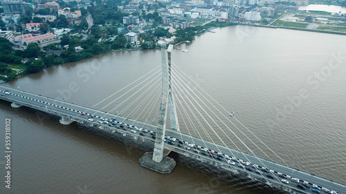 Aerial view of Ikoyi link bridge with traffic in Lagos Nigeria 