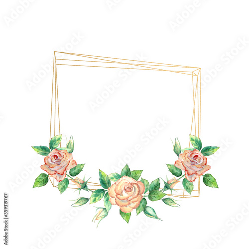 Gold geometric frame decorated with flowers. Peach roses, green leaves, open ...