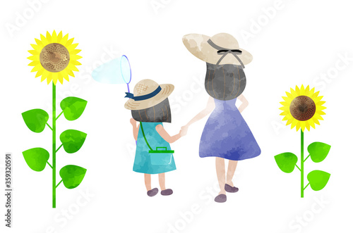 手をつないで虫取りに出かけるお母さんと女の子の後ろ姿のイラスト　水彩風