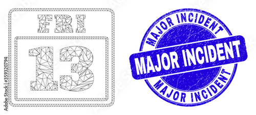 Web carcass 13 friday calendar page icon and Major Incident seal stamp. Blue vector rounded scratched seal with Major Incident message.